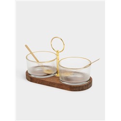 Вазочка для джема, 20x10 см, 2 шт, с ложками, на подставке, стекло/дерево/нержавеющая сталь, золотистая, Sonnet