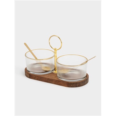 Вазочка для джема, 20x10 см, 2 шт, с ложками, на подставке, стекло/дерево/нержавеющая сталь, золотистая, Sonnet