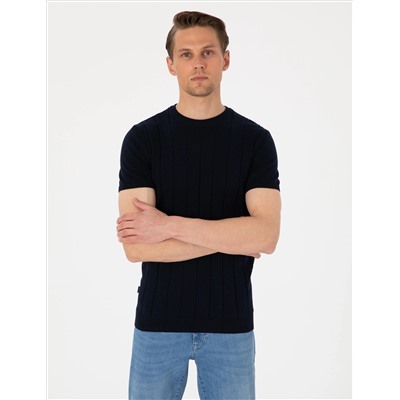 Lacivert Slim Fit %100 Pamuk Bisiklet Yaka Triko Tişört