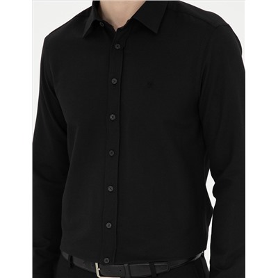 Siyah Slim Fit Armürlü Uzun Kollu Gömlek