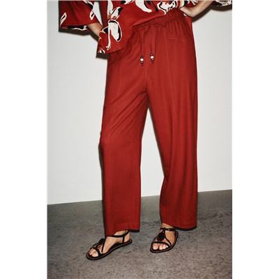 LINEN BLEND TROUSERS WITH BEADED DRAWSTRING