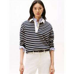 Gold-Button Stripe Polo Sweatshirt