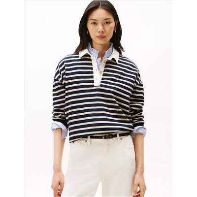 Gold-Button Stripe Polo Sweatshirt