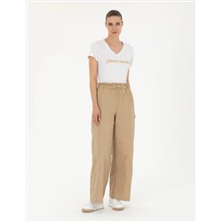 Bej Dokulu Flare Hıgh Waist Fit Pantolon