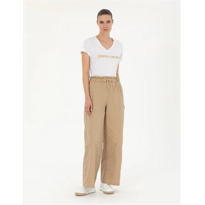 Bej Dokulu Flare Hıgh Waist Fit Pantolon