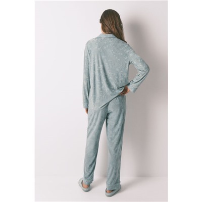 Pijama camisero largo jacquard floral verde
