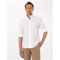 Beyaz Keten Görünümlü Slim Fit Uzun Kollu Gömlek