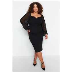 Trendyol Curve Siyah Düz Bodycone Mini Dokuma Büyük Beden Elbise TBBAW24AH00089