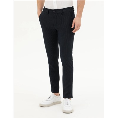 Lacivert Slim Fit Çizgili Kanvas Pantolon