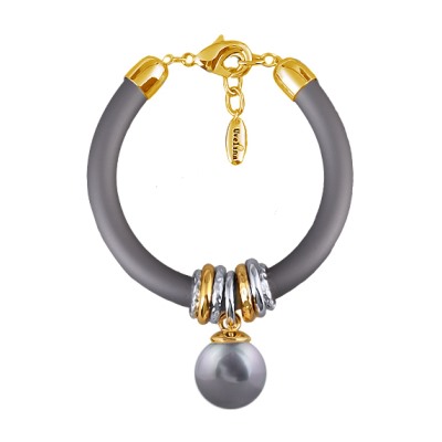 Браслет Гевея (Майорка 16мм серо-голубая, каучук серый; покрытие золото) 19-22см, Есть комплект