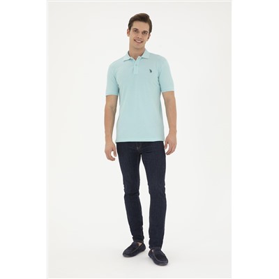 Erkek Slim Fit Polo Yaka Su Yeşili Basic Tişört