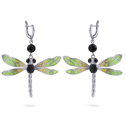 Серьги Стрекоза (эмаль зеленая, желтая, агат; покрытие матовый родий), Есть комплект
