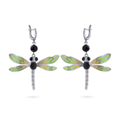 Серьги Стрекоза (эмаль зеленая, желтая, агат; покрытие матовый родий), Есть комплект