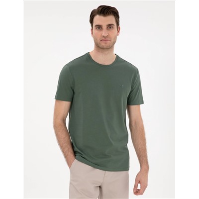 Haki %100 Pamuk Slim Fit Bisiklet Yaka Basic Tişört