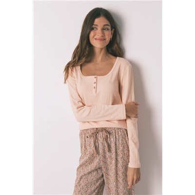 Pijama largo algodón estampado flores rosa