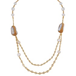 Колье (жемчуг барочный белый, кристаллы шампань; покрытие золото) 95см, Есть комплект