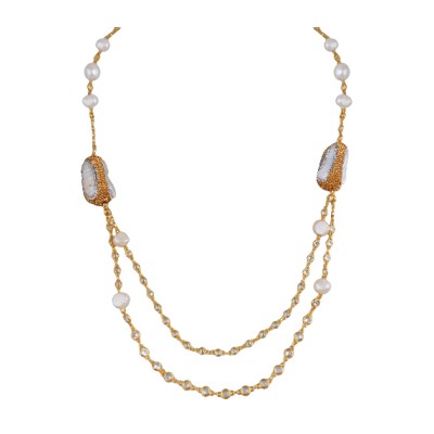 Колье (жемчуг барочный белый, кристаллы шампань; покрытие золото) 95см, Есть комплект