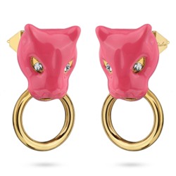 Серьги Пантера (эмаль фуксия; кристаллы SW белые; покрытие золото), Есть комплект