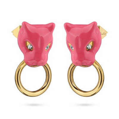 Серьги Пантера (эмаль фуксия; кристаллы SW белые; покрытие золото), Есть комплект