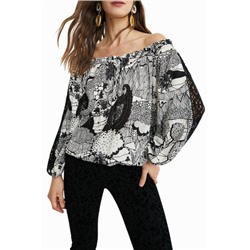 Blusa blanca y negra encaje mangas