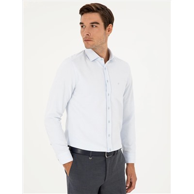 Açık Mavi Slim Fit Armürlü Uzun Kollu Gömlek