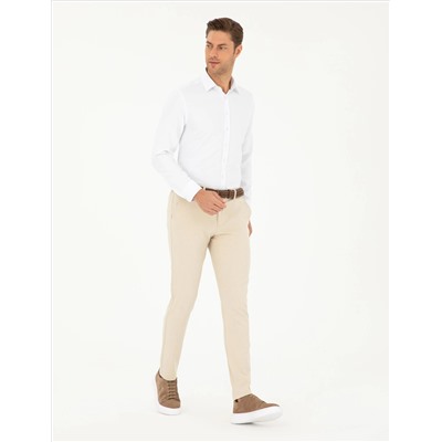 Bej Slim Fit Kanvas Çizgili Pantolon