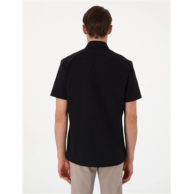 Siyah Basic Regular Fit Kısa Kollu Cepli Gömlek