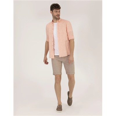 Açık Kahverengi Slim Fit Keten Karışımlı Çizgili Bağcıklı Bermuda Şort