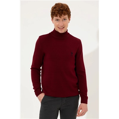 Erkek Bordo Balıkçı Yaka Basic Triko Kazak