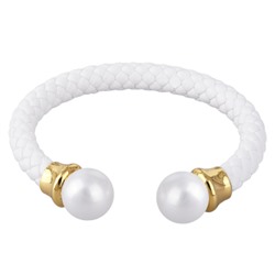 Браслет Дуэт (Майорка 14мм белая, кожа белая; покрытие золото), Есть комплект