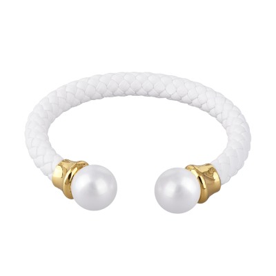 Браслет Дуэт (Майорка 14мм белая, кожа белая; покрытие золото), Есть комплект