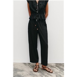 LINEN BLEND TROUSERS WITH BEADED DRAWSTRING