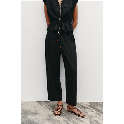 LINEN BLEND TROUSERS WITH BEADED DRAWSTRING