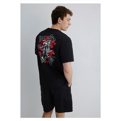 Mavi Baskılı Siyah Tişört Loose Fit / Bol Rahat Kesim 0612809-900
