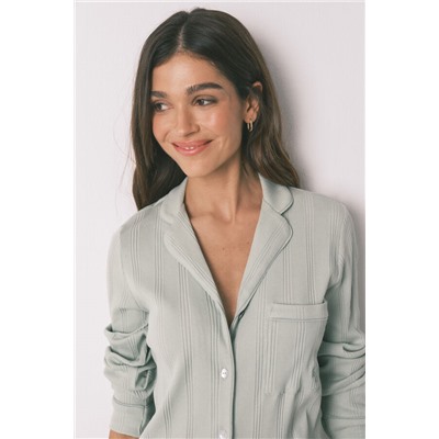 Pijama camisero largo algodón canalé verde