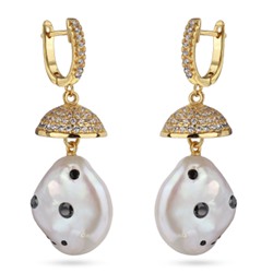 Серьги (жемчуг барочный белый, кристаллы черные; покрытие золото)