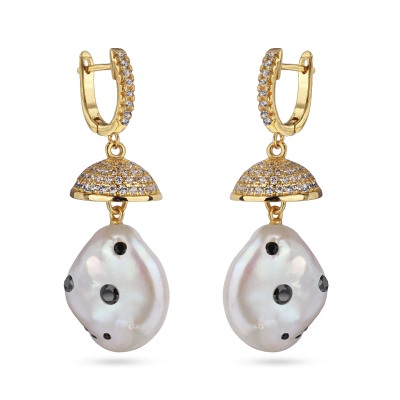 Серьги (жемчуг барочный белый, кристаллы черные; покрытие золото)
