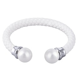 Браслет Дуэт (Майорка 14мм белая, кожа белая; покрытие родий), Есть комплект