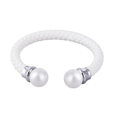 Браслет Дуэт (Майорка 14мм белая, кожа белая; покрытие родий), Есть комплект