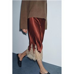 Женская атласная юбка миди с кружевом ЗАР*А