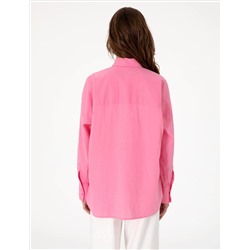 Açık Pembe Oversize Keten Karışımlı Uzun Kollu Gömlek