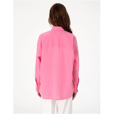 Açık Pembe Oversize Keten Karışımlı Uzun Kollu Gömlek