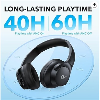 Soundcore by Anker Q20i Hybrid Active Noise Cancelling Headphones, Wireless Over-Ear Bluetooth, 40H Long ANC Playtime, Hi-Res Audio, Big Bass, Customize via an App, Transparency Mode (Black)