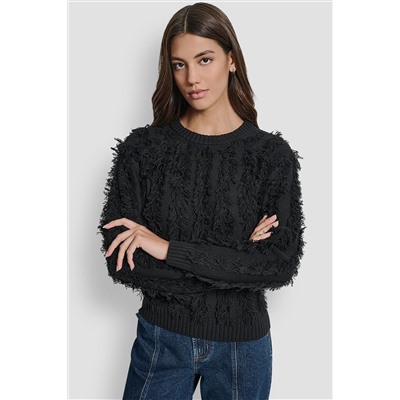 LONG SLEEVE CREW NECK WITH FRINGE STITCHING