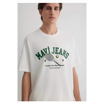 Mavi Tenis Logo Baskılı Ekru Tişört Loose Fit / Bol Rahat Kesim 0612708-70057