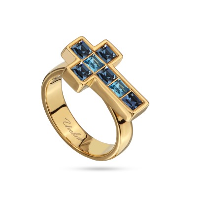 Кольцо Квадро (кристаллы SW джинс, аквамарин; покрытие золото), Есть комплект