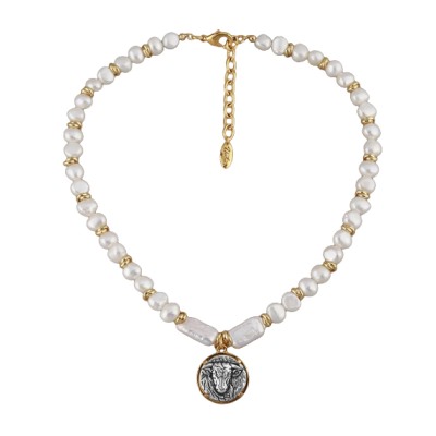 Колье Телец (жемчуг белый; покрытие античное золото, античное серебро) 49см, Есть комплект