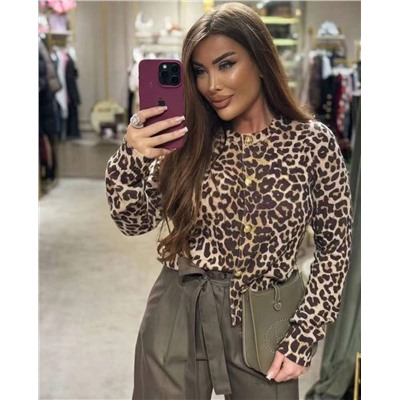 Celin*  вязаный кардиган из 100% шерсти с леопардовым принтом, золотыми пуговицами и длинными рукавами, коричневый, SML, [размер S; ширина плеч 39, обхват груди 98, длина рукава 58, длина платья 55]