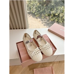 верхняя версия Miu Miu полые тканые туфли Miu Miu женские атласные балетки с бантом, украшенные бантом, эксклюзивная высокая версия Miu Mi*2025, весна с плоским низом, разработка Zp,