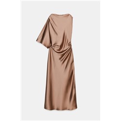 SATIN ASYMMETRIC SLEEVE MIDI DRESS